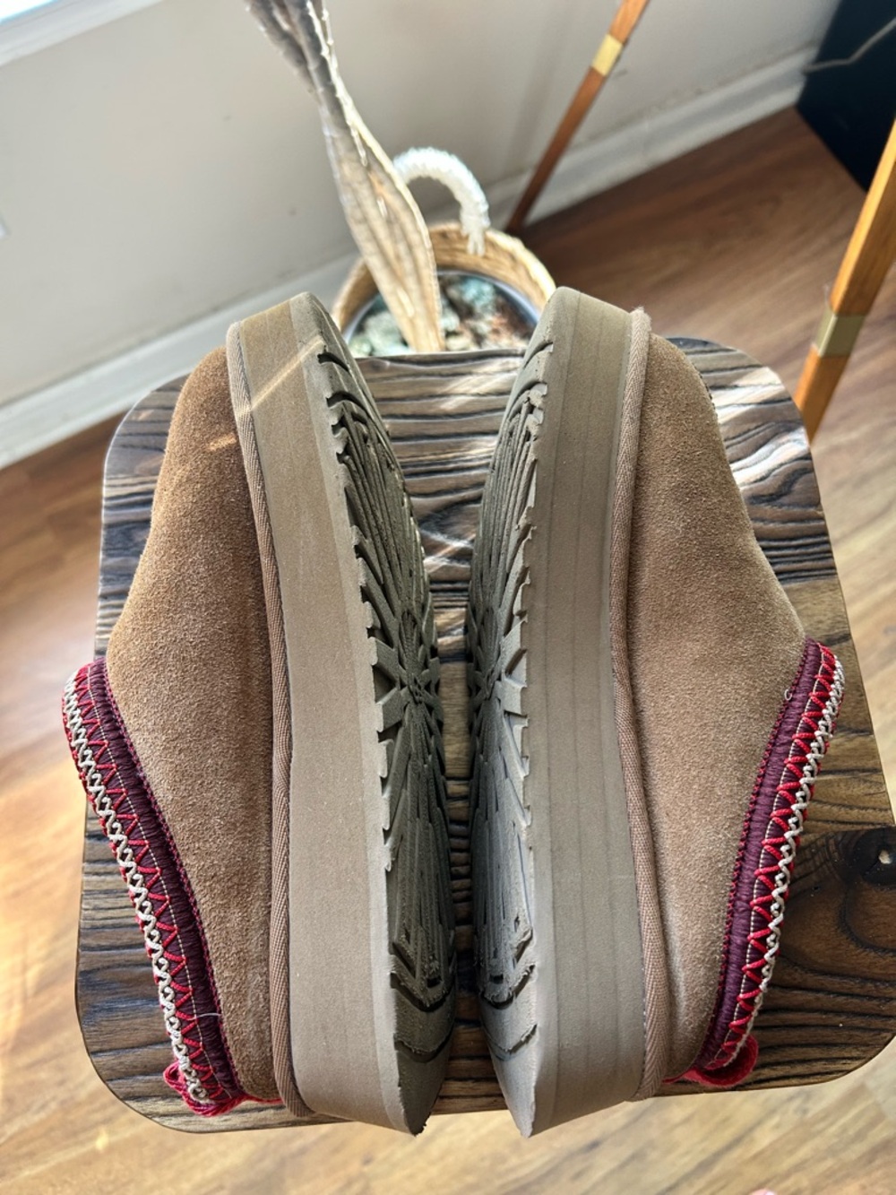 UGG Chestnut Suede Mules with Red Trim - Picture 3 of 6